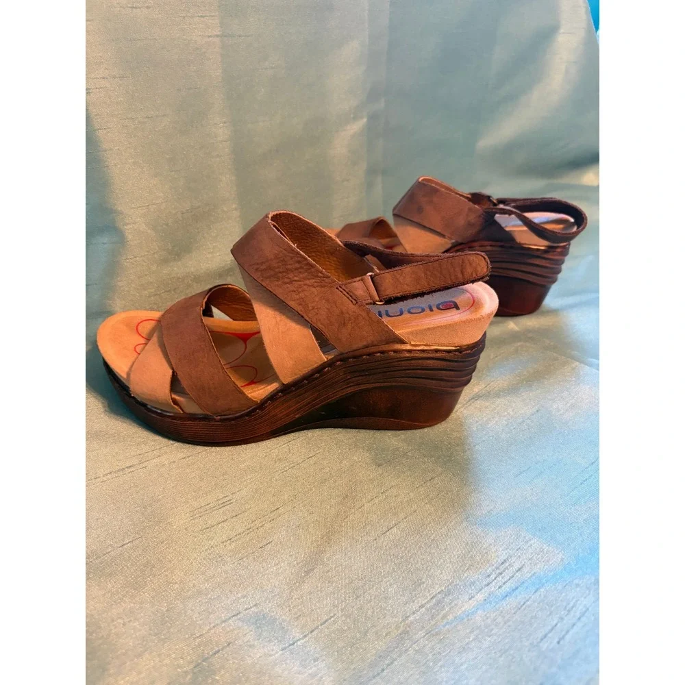 Bionica Wedge Sandals Women 7 M Boho Leather Strappy Platform Slingback Brown